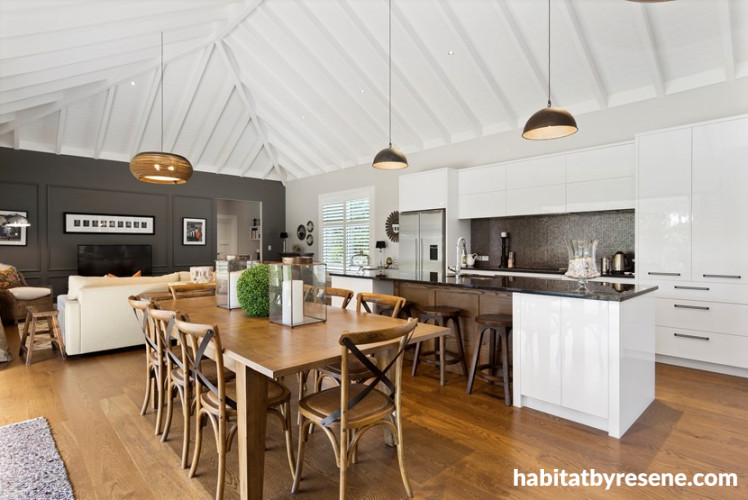 kitchen, white kitchen, exposed ceiling, white ceiling, resene alabaster, timber flooring