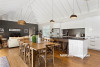 kitchen, white kitchen, exposed ceiling, white ceiling, resene alabaster, timber flooring