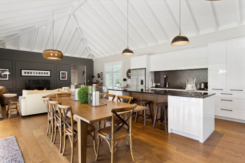 kitchen, white kitchen, exposed ceiling, white ceiling, resene alabaster, timber flooring