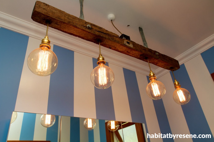 bathroom, ensuite, bathroom lights, striped bathroom, blue and white stripes