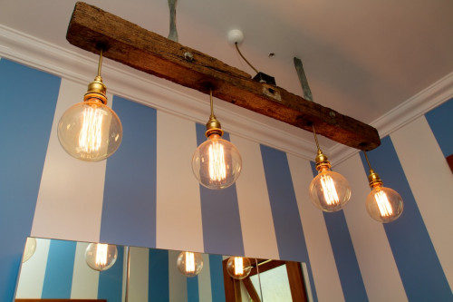 bathroom, ensuite, bathroom lights, striped bathroom, blue and white stripes