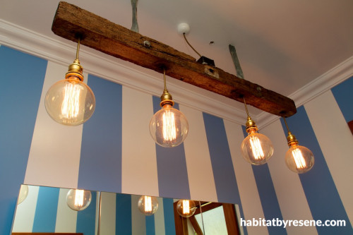 bathroom, ensuite, bathroom lights, striped bathroom, blue and white stripes