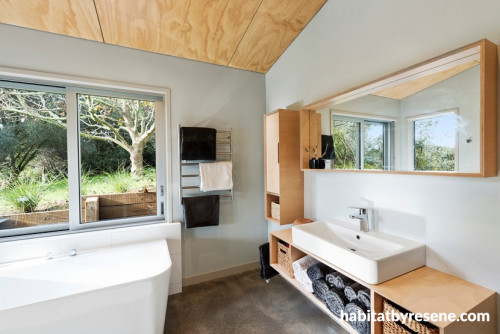 bathroom, plywood ceiling, neutral bathroom, white bathroom, indoor plywood