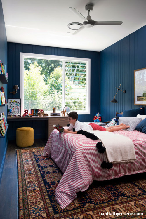 bedroom, blue bedroom, dark blue paint, children's bedroom, interior design