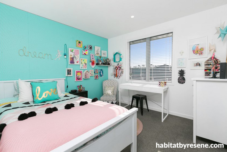 Bedroom, feature wall, girls bedroom, white, pink, peg board, aqua, interior, paint, turquoise  