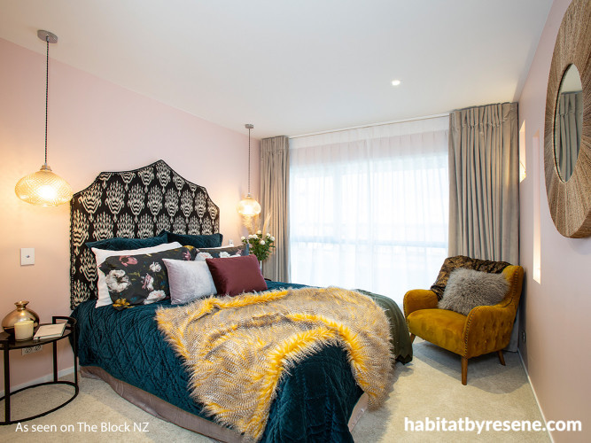 bedroom, guest bedroom, pink bedroom, peacock blue luxe, fabric headboard, mustard armchair 