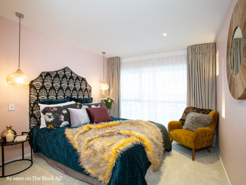 bedroom, guest bedroom, pink bedroom, peacock blue luxe, fabric headboard, mustard armchair