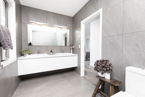 grey bathroom, bathroom, monochrome bathroom, grey tiles, grey and white bathroom