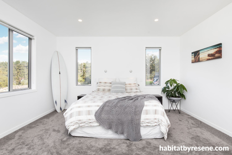 bedroom, grey bedroom, neutrals, white bedroom, white walls, grey carpet, warm greys