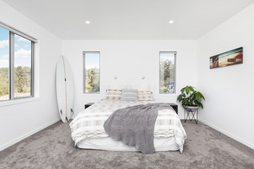 bedroom, grey bedroom, neutrals, white bedroom, white walls, grey carpet, warm greys