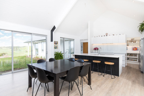 kitchen, white kitchen, black and white kitchen, open plan living, monochrome dining room