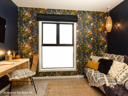 media room, sutdy, guest bedroom, feature wall, black study, wallpaper feature, lemur wallpaper