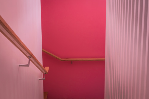 Stairwell, stairs, pink walls, pink stairs, Resene