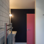Bathroom, bathroom feature wall, pink door, pink, black, white, bathroom tiles, Resene 
