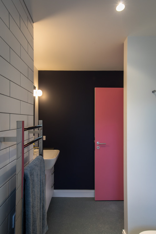 Bathroom, bathroom feature wall, pink door, pink, black, white, bathroom tiles, Resene