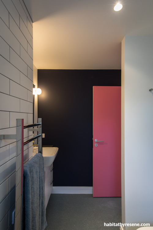 Bathroom, bathroom feature wall, pink door, pink, black, white, bathroom tiles, Resene 