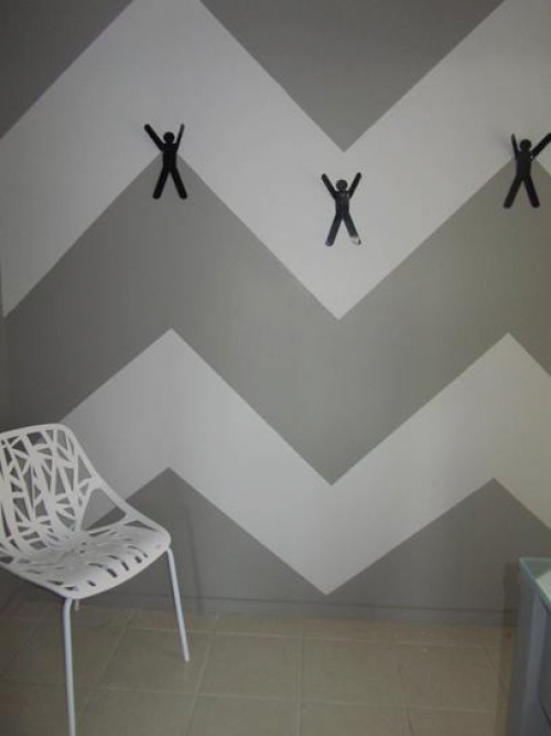 painted hallway, grey hallway, grey and white patterned wall, interior design