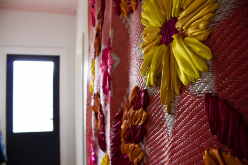 wall art, wall mat, pink ceiling, white walls, Resene