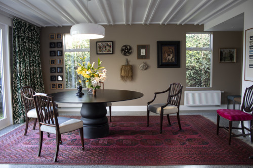 Dining room, Dining area, neutrals, brown walls, feature wall, art wall, white ceiling, Resene