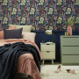 bedroom, wallpaper feature wall, floral wallpaper, tounge and groove panelling, blue and pink room