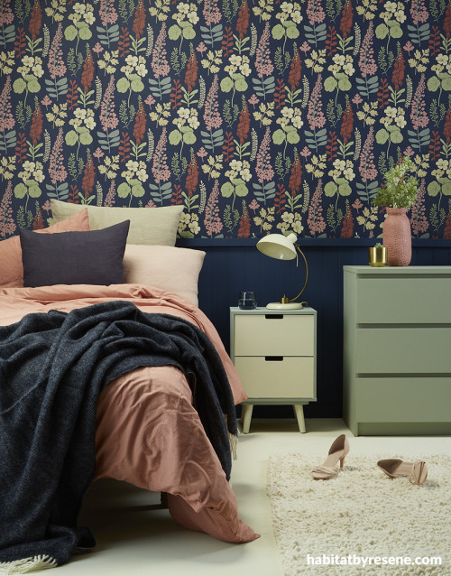 bedroom, wallpaper feature wall, floral wallpaper, tounge and groove panelling, blue and pink room
