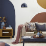 lounge, painted shapes, shapes feature wall, living room, mural feature wall, blue lounge