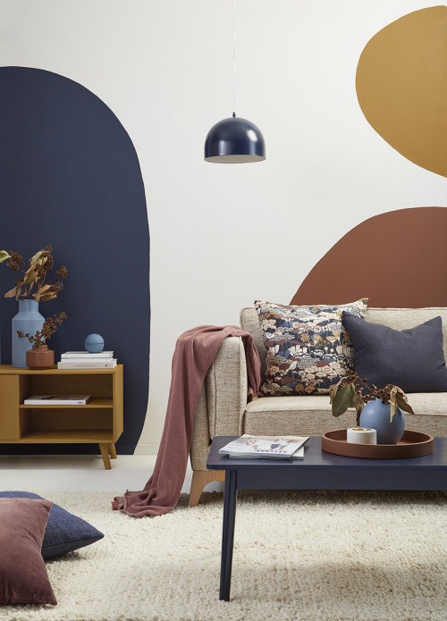 lounge, painted shapes, shapes feature wall, living room, mural feature wall, blue lounge