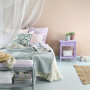 bedroom, pastel bedroom, blue painted floor, feature wall, pastel colour palette