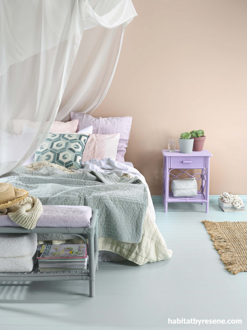 bedroom, pastel bedroom, blue painted floor, feature wall, pastel colour palette
