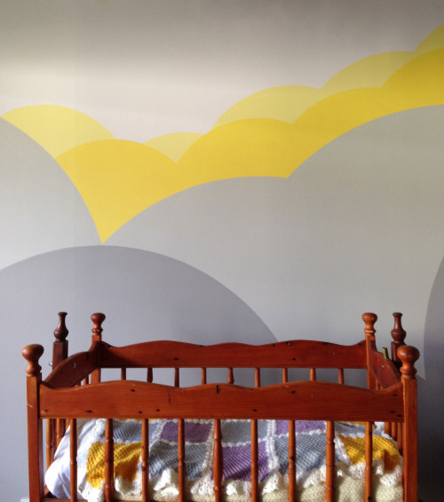 nursery, cloud feature wall, painted clouds, clouds nursery, cloud wall art, children's room