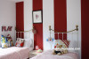 kids bedroom, children's bedroom, red and white stripes, feature wall, interior, paint, owl 