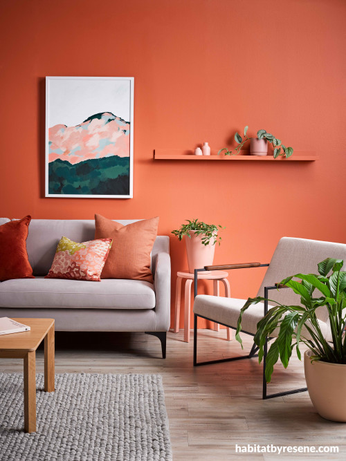 colour trends, orange interior ideas, living room inspiration, orange feature wall, lounge decor