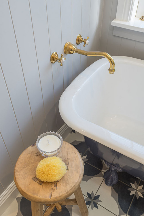 bathroom, grey, blue, tongue and groove, resene half mountain mist, brass tapware