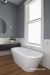 grey bathroom, resene raven, white subway tiles, matai, timber floors, freestanding bath