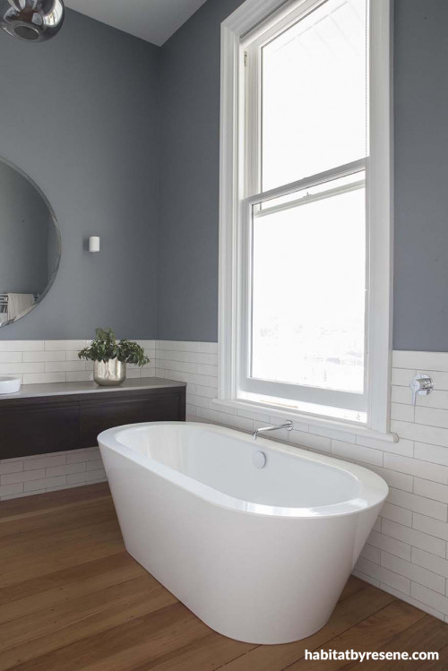 grey bathroom, resene raven, white subway tiles, matai, timber floors, freestanding bath