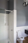 grey bathroom, resene raven, white subway tiles, matai, timber floors