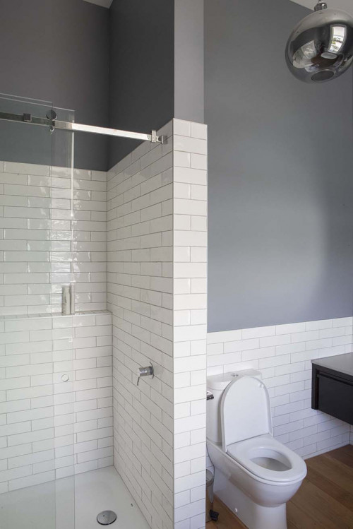 grey bathroom, resene raven, white subway tiles, matai, timber floors