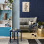 living room, lounge, blue living room, blue lounge, dark blue feature wall, timber floors 