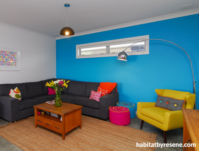 blue paint, living room, lounge bold colours, feature wall, bright paint 