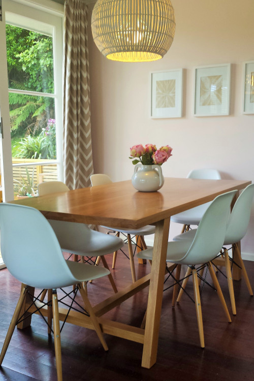 dining room, neutrals, pastel tones, interior, pink paint