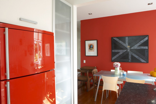 red fridge, red kitchen, interior, paint, feature wall, modern kitchen