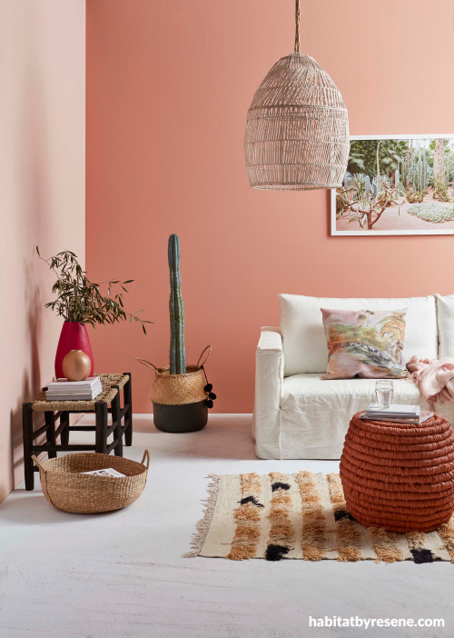 pink lounge, pink living room, pink interior, pink feature wall, living room, resene just dance