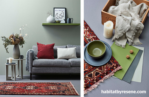 green living room, green lounge, green and red interior, complementary colours, resene peace