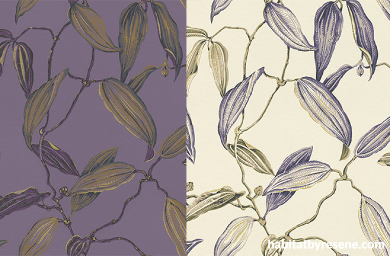resene wallpaper, complementary colours, purple and yellow wallpaper, floral wallpaper