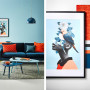 blue living room, blue lounge, contrasting colours, blue and orange interior, blue feature wall