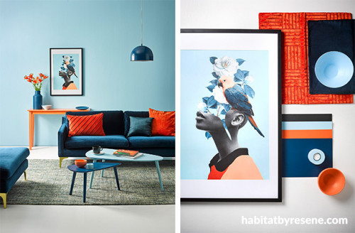 blue living room, blue lounge, contrasting colours, blue and orange interior, blue feature wall