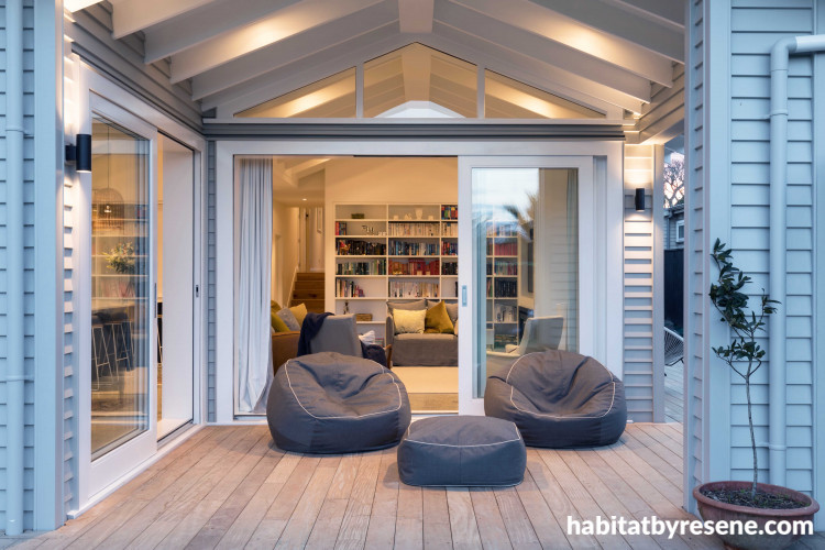 deck, outdoor living, house exterior, renovated bungalow, grey exterior, resene foggy grey