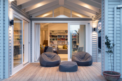 deck, outdoor living, house exterior, renovated bungalow, grey exterior, resene foggy grey