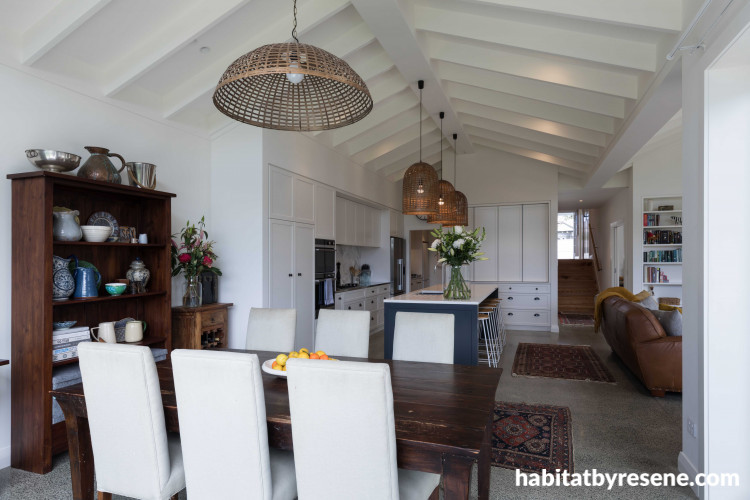 white dining room, open plan living, white kitchen, renovated bungalow, resene half bianca