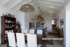 white dining room, open plan living, white kitchen, renovated bungalow, resene half bianca